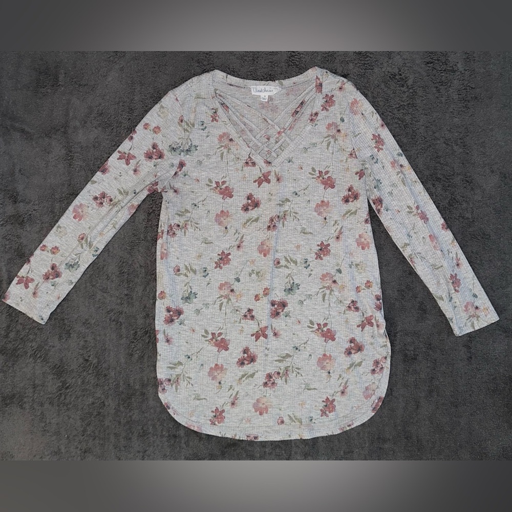 Juniors Floral Long Sleeve Shirt- Grey
